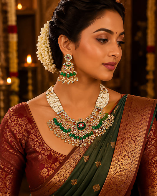 Kundan Pearl Choker Necklace Set with Green Beads, Indian Bridal Jewelry Set, Gold Polki Necklace with Earrings, Wedding Jewelry
