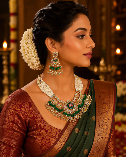 Kundan Pearl Choker Necklace Set with Green Beads, Indian Bridal Jewelry Set, Gold Polki Necklace with Earrings, Wedding Jewelry