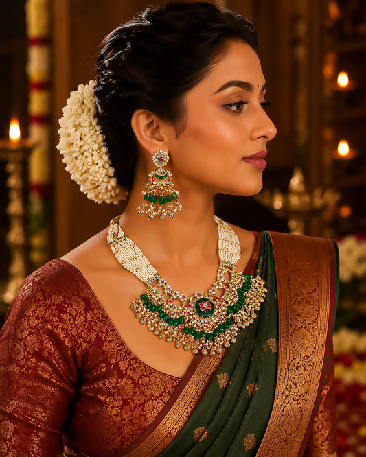 Kundan Pearl Choker Necklace Set with Green Beads, Indian Bridal Jewelry Set, Gold Polki Necklace with Earrings, Wedding Jewelry