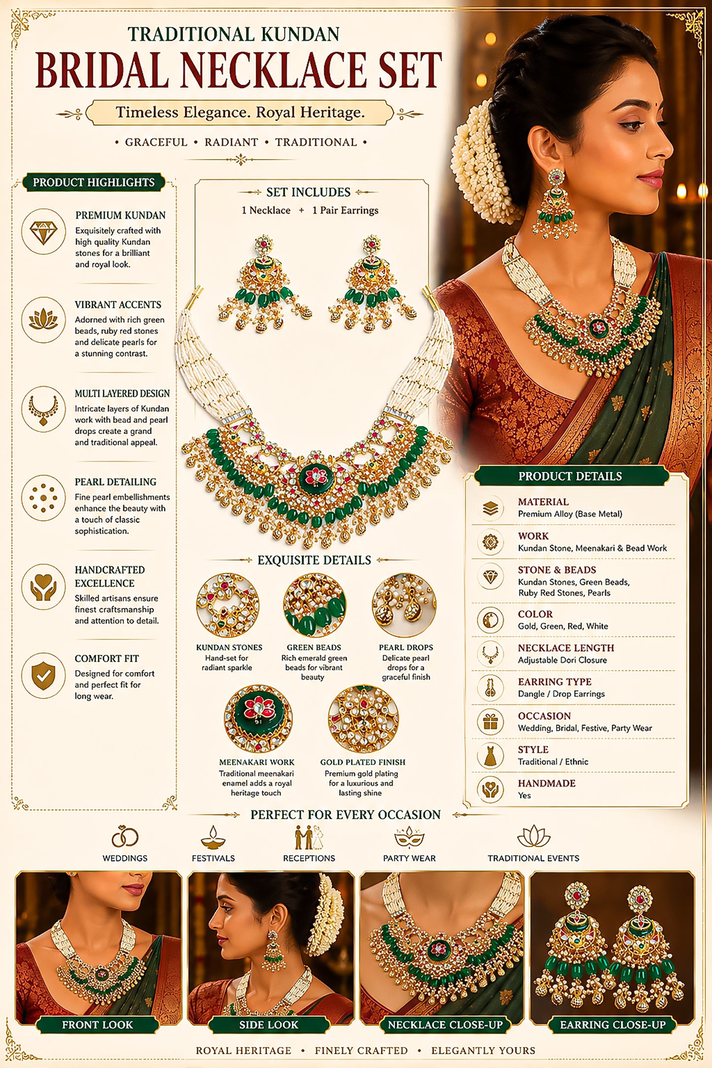 Kundan Pearl Choker Necklace Set with Green Beads, Indian Bridal Jewelry Set, Gold Polki Necklace with Earrings, Wedding Jewelry