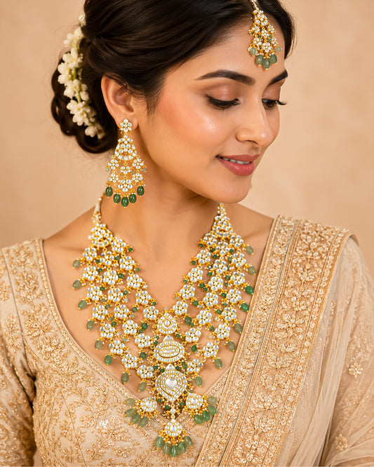 Luxury Polki Kundan Bridal Necklace Set, Green Beaded Indian Wedding Jewelry, Gold Plated Pakistani Bridal Haar, Statement Ethnic Necklace