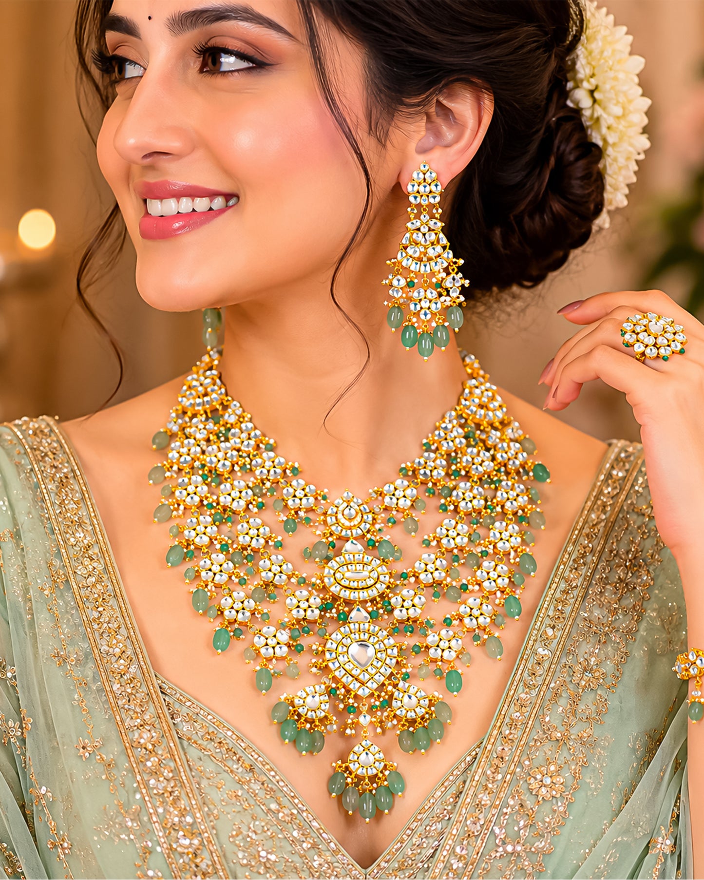 Luxury Polki Kundan Bridal Necklace Set, Green Beaded Indian Wedding Jewelry, Gold Plated Pakistani Bridal Haar, Statement Ethnic Necklace
