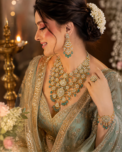 Luxury Polki Kundan Bridal Necklace Set, Green Beaded Indian Wedding Jewelry, Gold Plated Pakistani Bridal Haar, Statement Ethnic Necklace
