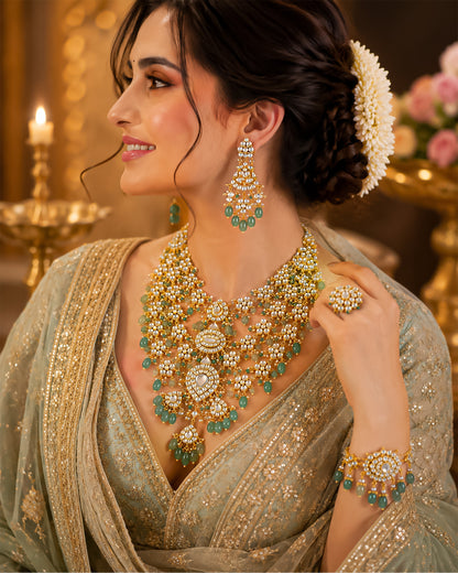 Luxury Polki Kundan Bridal Necklace Set, Green Beaded Indian Wedding Jewelry, Gold Plated Pakistani Bridal Haar, Statement Ethnic Necklace