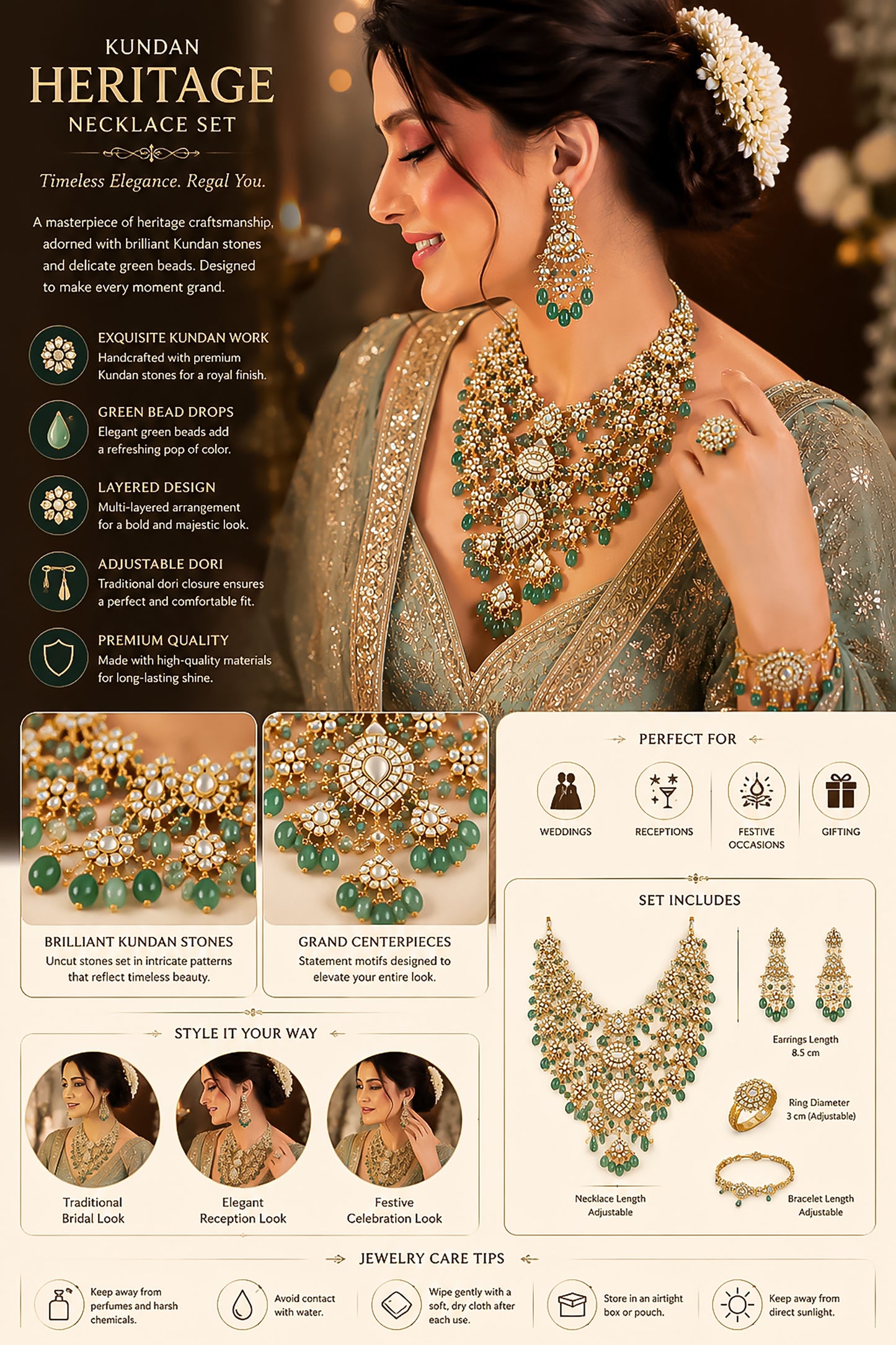 Luxury Polki Kundan Bridal Necklace Set, Green Beaded Indian Wedding Jewelry, Gold Plated Pakistani Bridal Haar, Statement Ethnic Necklace