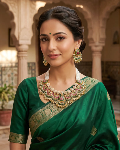 Antique Gold Plated Kundan Necklace Set, Pink Green Stone Bridal Choker