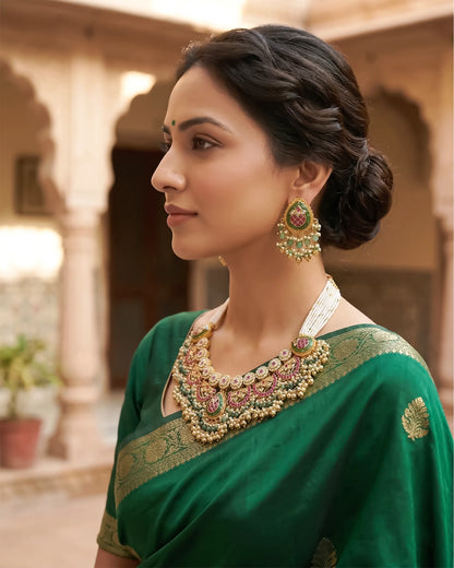 Antique Gold Plated Kundan Necklace Set, Pink Green Stone Bridal Choker