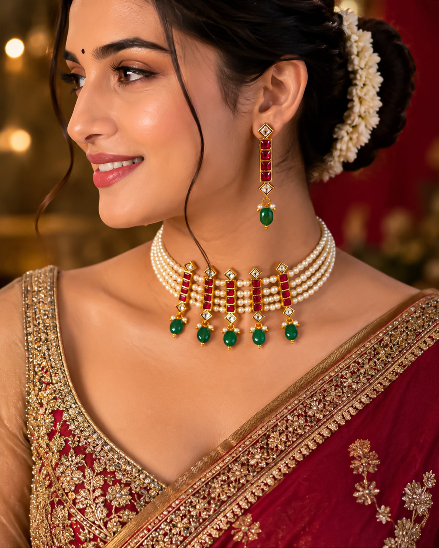 Handcrafted Kundan Choker Set  Pearl Necklace, Green Bead Earrings, Gold Plated Bridal Jewelry Gift