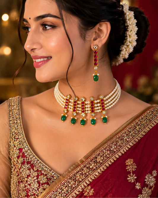 Handcrafted Kundan Choker Set  Pearl Necklace, Green Bead Earrings, Gold Plated Bridal Jewelry Gift