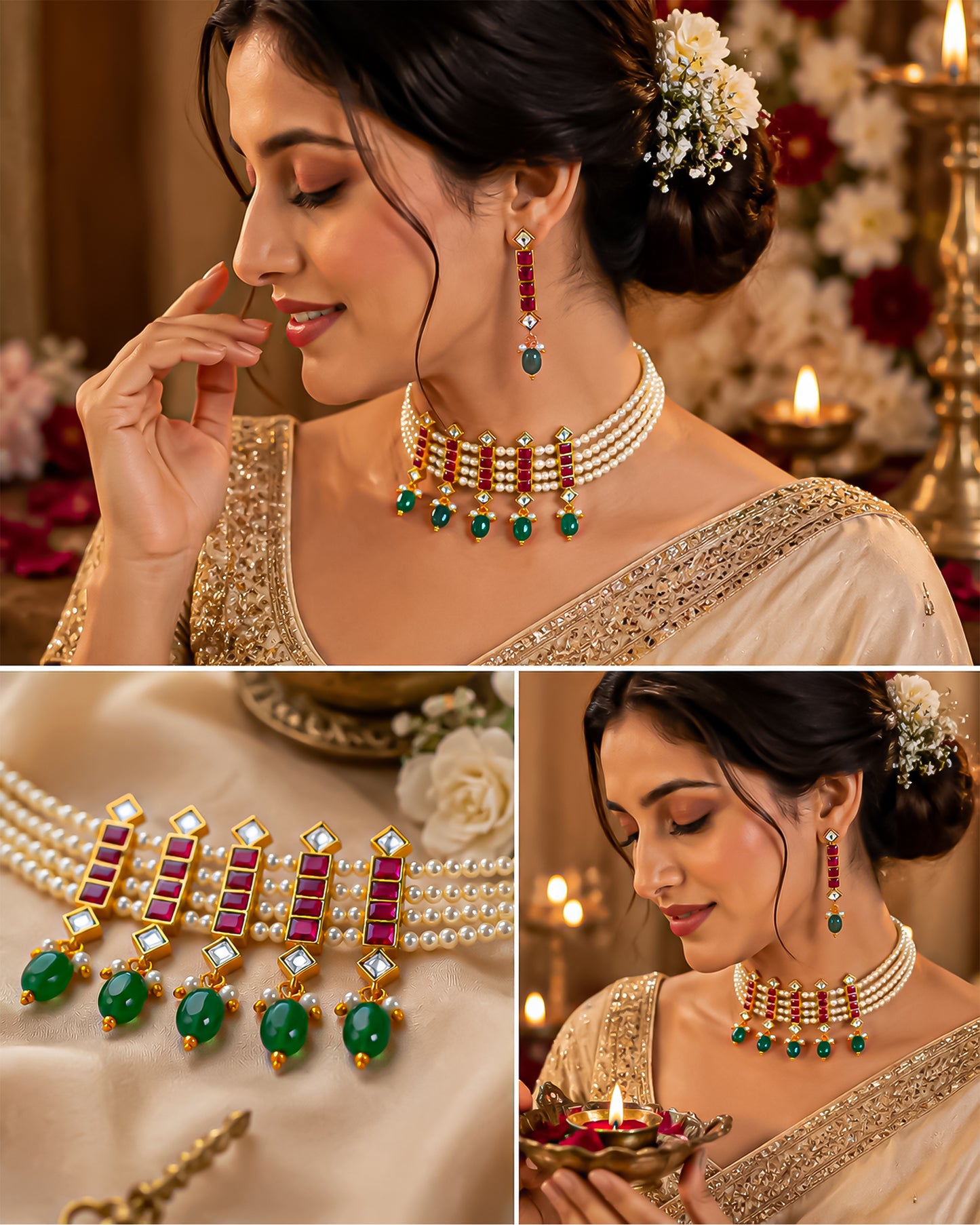 Handcrafted Kundan Choker Set  Pearl Necklace, Green Bead Earrings, Gold Plated Bridal Jewelry Gift