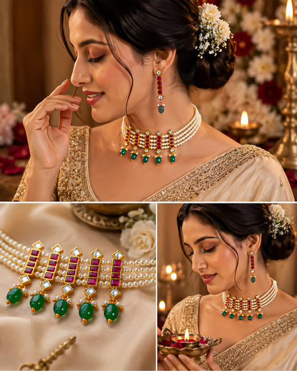 Handcrafted Kundan Choker Set  Pearl Necklace, Green Bead Earrings, Gold Plated Bridal Jewelry Gift