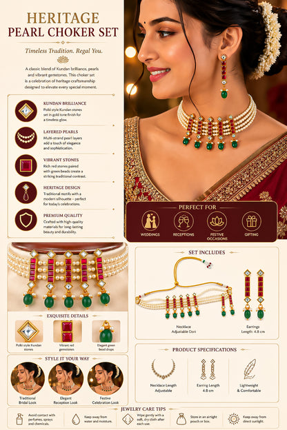 Handcrafted Kundan Choker Set  Pearl Necklace, Green Bead Earrings, Gold Plated Bridal Jewelry Gift