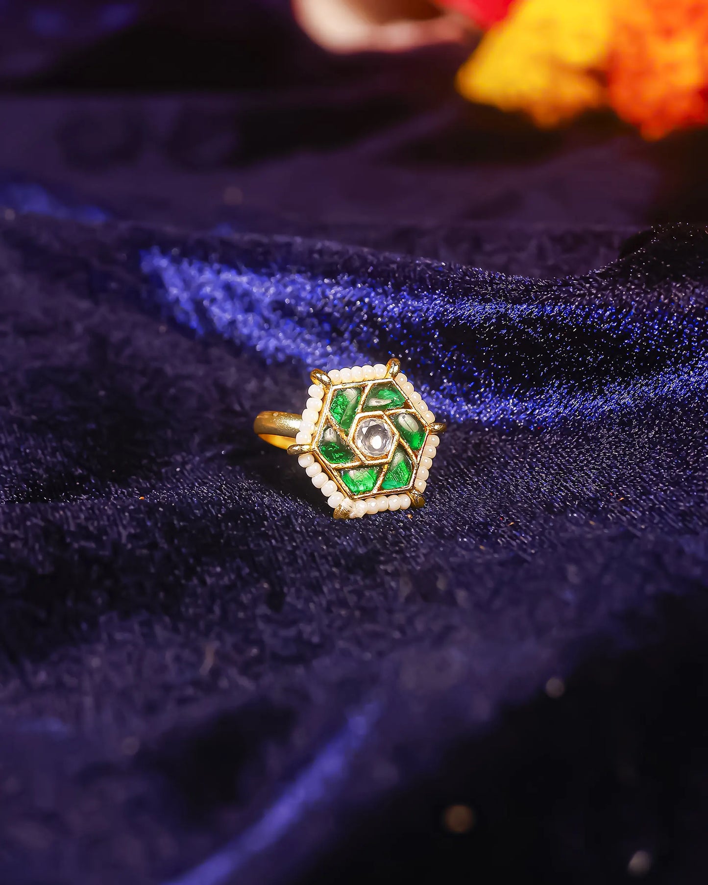 Handmade Green Kundan Pearl Statement Ring  Gold Plated Adjustable Jhumki Style Ethnic Jewelry Ring