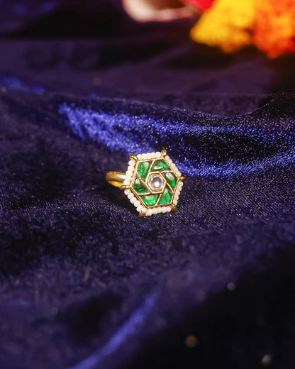 Handmade Green Kundan Pearl Statement Ring  Gold Plated Adjustable Jhumki Style Ethnic Jewelry Ring