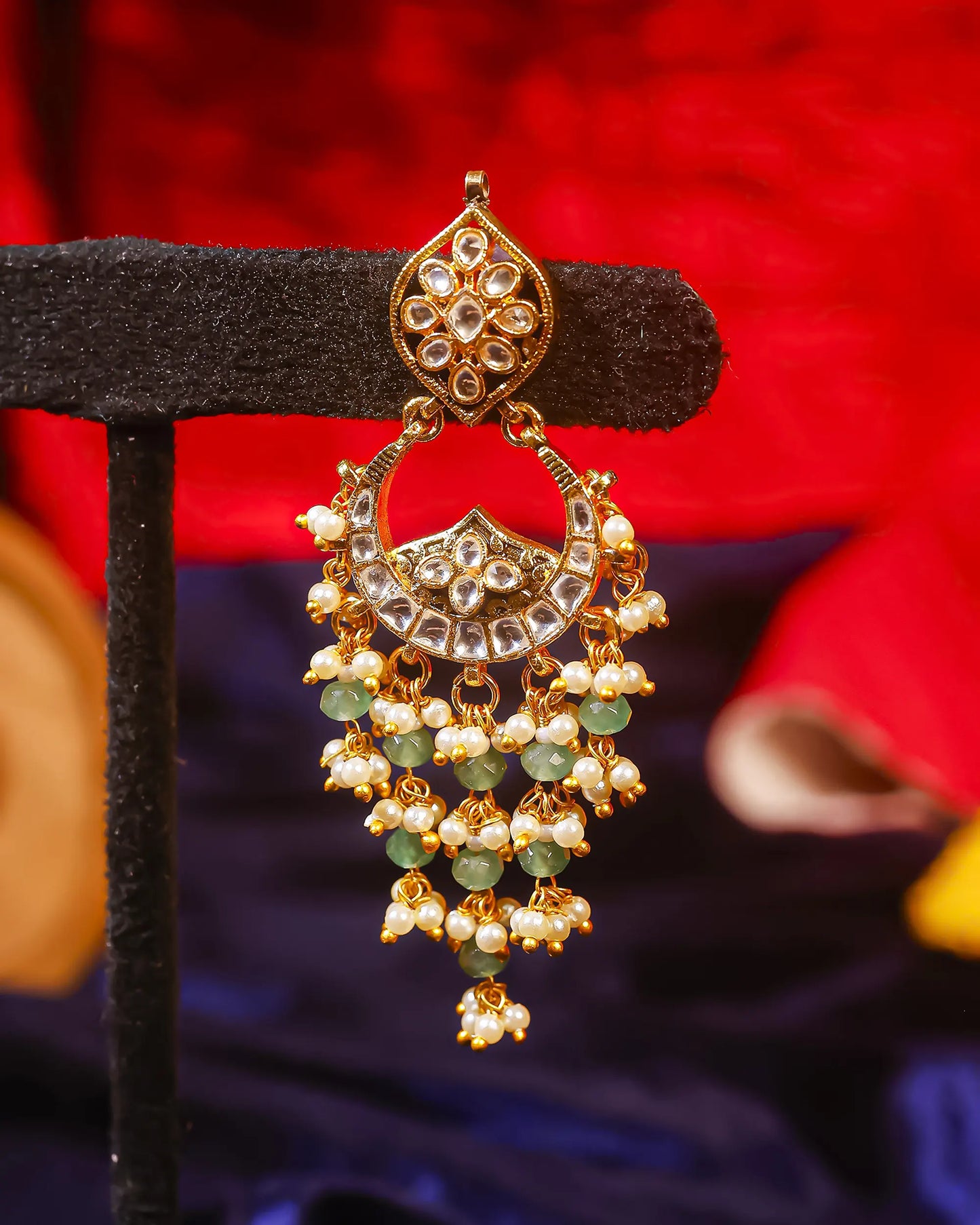 Kundan Chandbali Earrings with Pearl and Green Beads