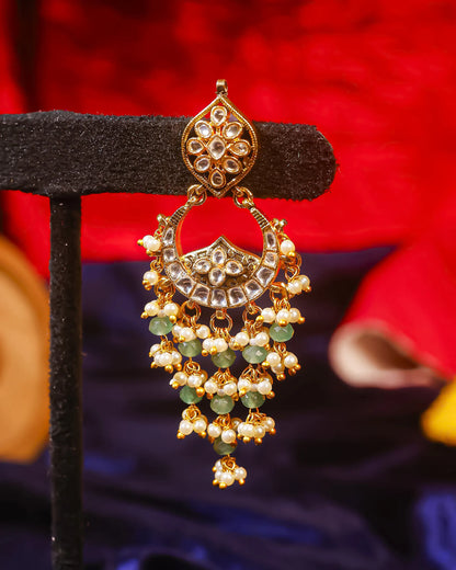 Kundan Chandbali Earrings with Pearl and Green Beads