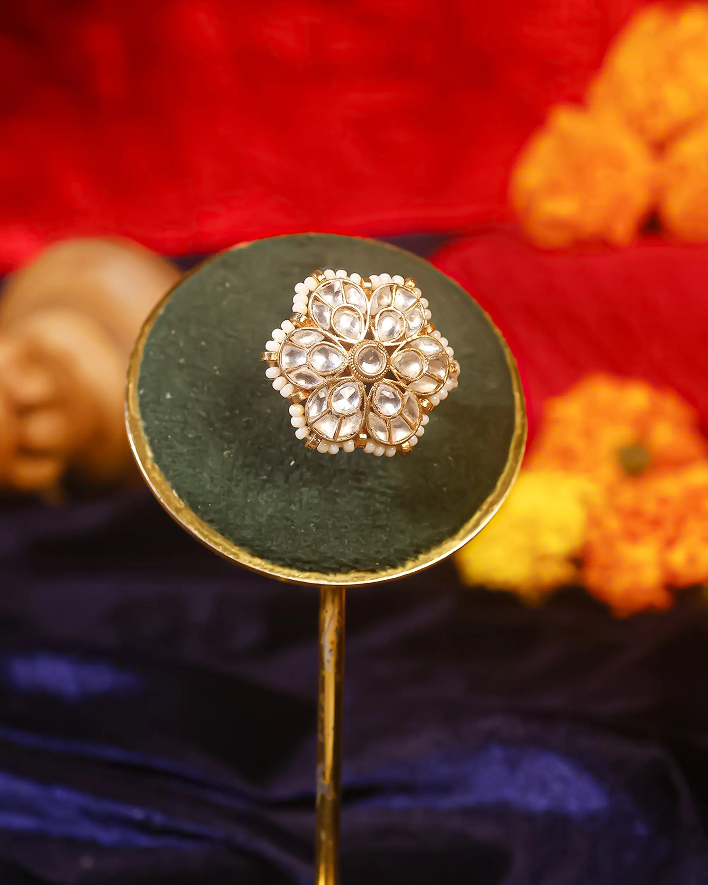 Adjustable Gold Kundan Pearl Bridal Ring  Traditional Indian Statement Jewelry for Wedding & Festive Wear