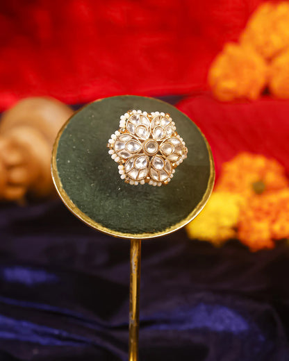Adjustable Gold Kundan Pearl Bridal Ring  Traditional Indian Statement Jewelry for Wedding & Festive Wear