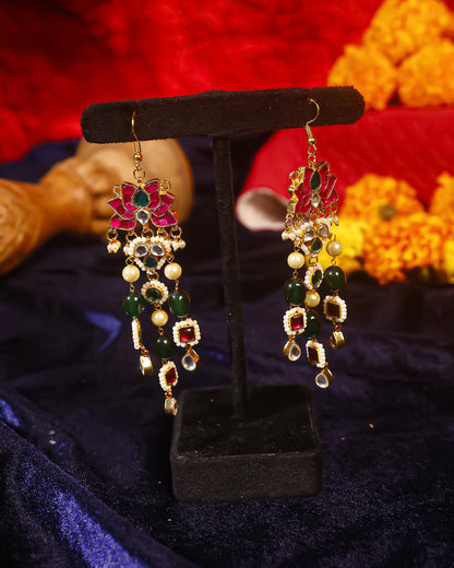 Lotus Kundan Dangle Earrings with Pearl and Green Beads