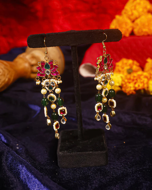 Lotus Kundan Dangle Earrings with Pearl and Green Beads
