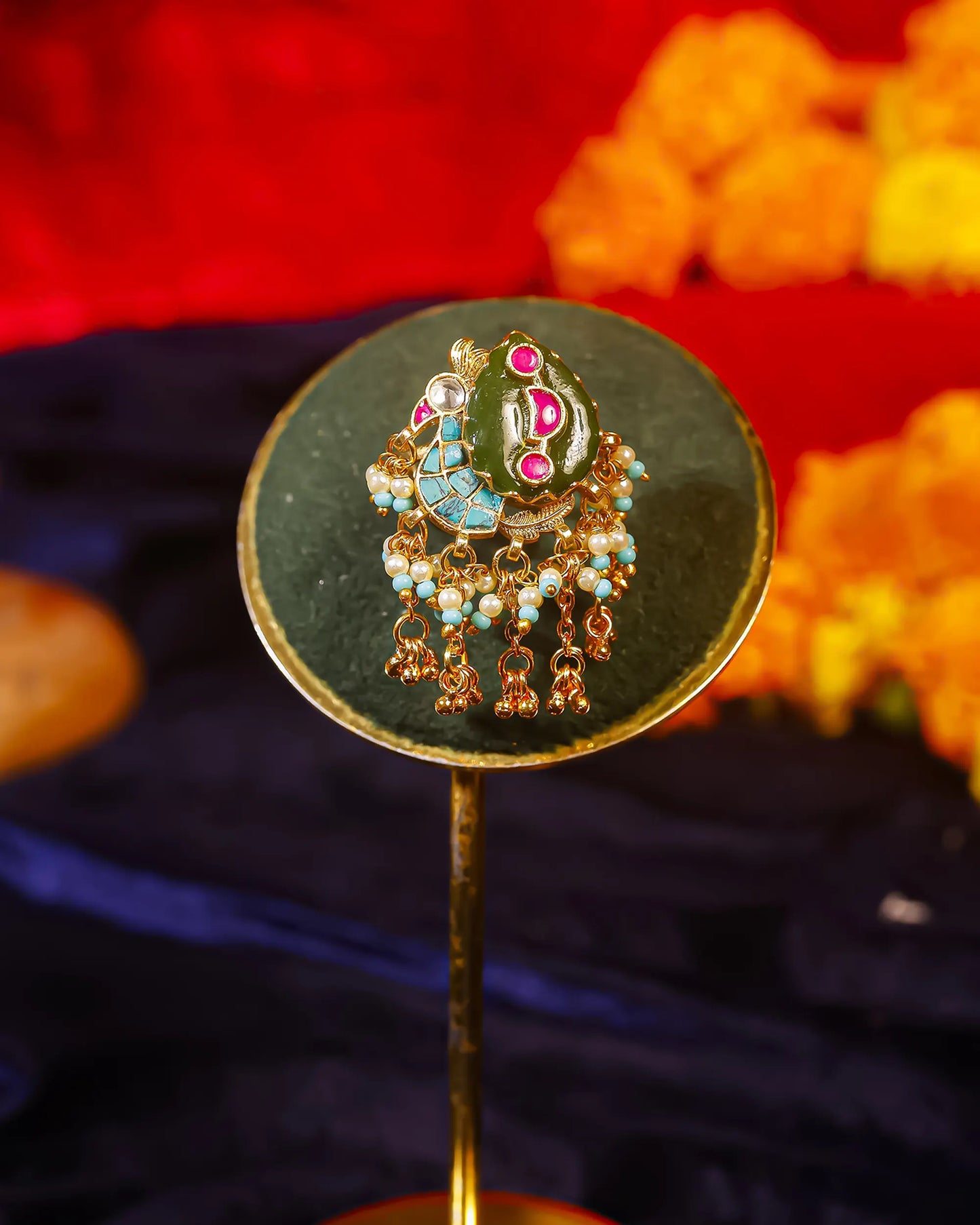 Green Meenakari Kundan Peacock Ring with Pearl Border, Antique Gold Adjustable Statement Ring Jewelry