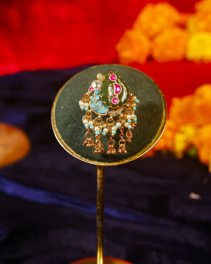 Green Meenakari Kundan Peacock Ring with Pearl Border, Antique Gold Adjustable Statement Ring Jewelry