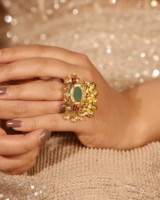 Traditional Kundan Adjustable Ring, Indian Bridal Statement Ring, Gold Plated Pearl Ethnic Cocktail Jewelry, Handmade Festive Ring
