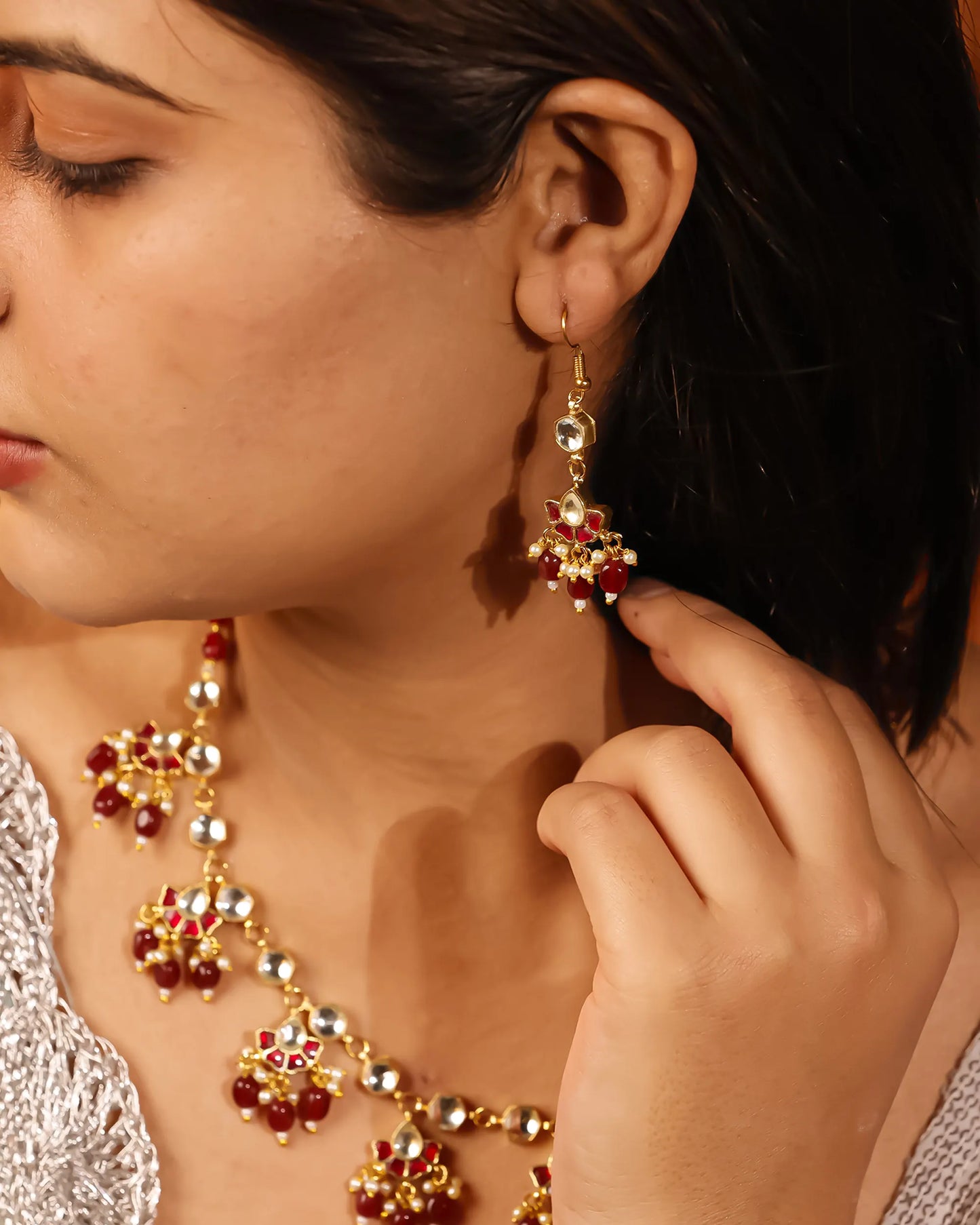Ruby Red Kundan Choker Necklace Set, Indian Bridal Jewelry, Gold Tone Ethnic Necklace, Traditional Wedding Jewelry, Statement Necklace Set