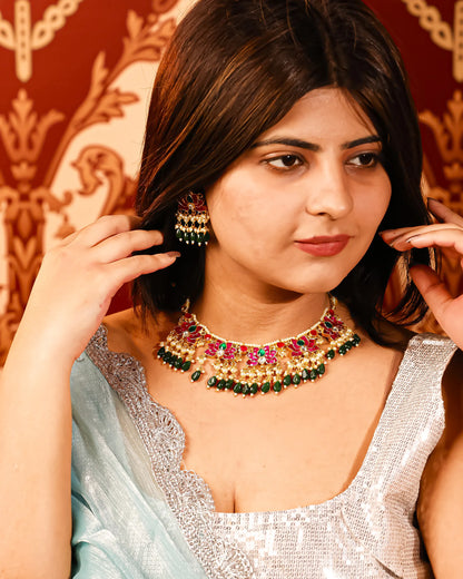 Kundan Choker Necklace Set, Green Beaded Bridal Jewelry, Pearl Meenakari Choker, Traditional Wedding Necklace, Ethnic Statement Jewelry
