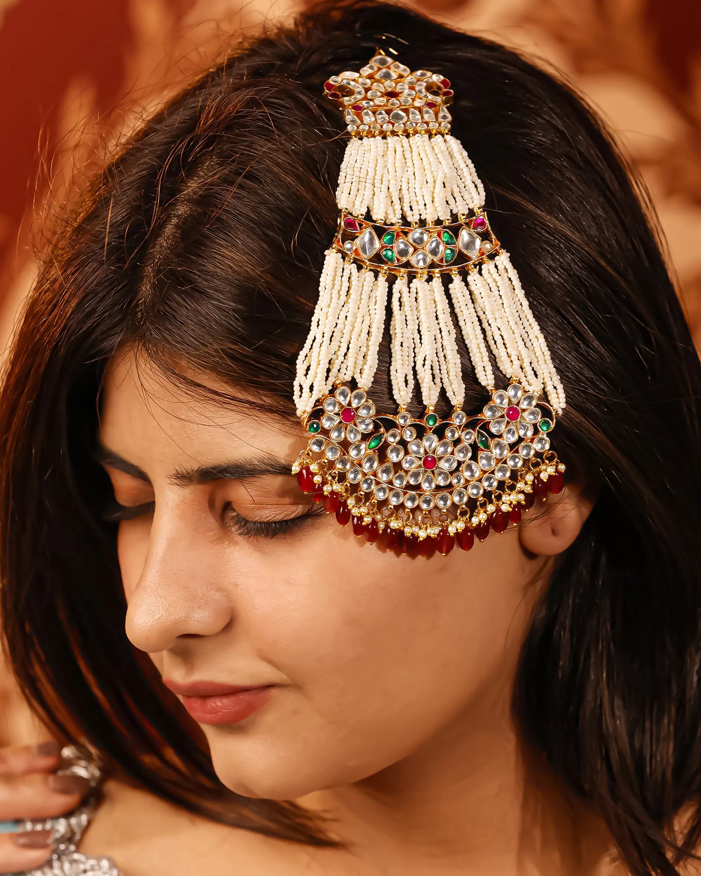 Royal Kundan Passa Jewelry  Pearl Strand Matha Patti, Mughal Side Headpiece, Gold Plated Bridal Passa for Wedding & Eid Jewelry