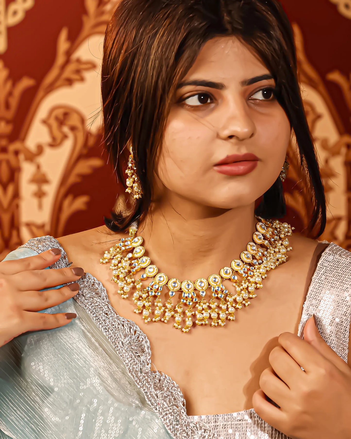 White Kundan Bridal Choker Set  Gold Plated Necklace & Earrings, Indian Wedding Jewelry, Traditional Polki Style Set
