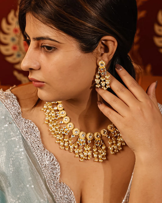 White Kundan Bridal Choker Set  Gold Plated Necklace & Earrings, Indian Wedding Jewelry, Traditional Polki Style Set