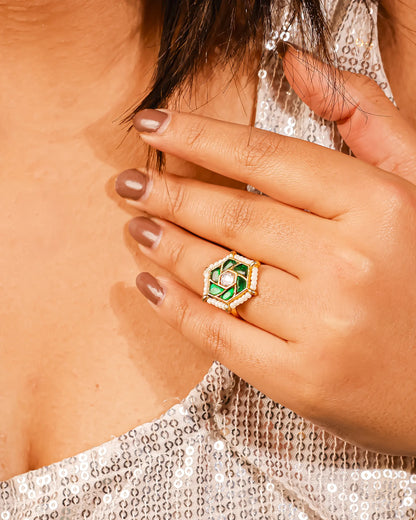 Handmade Green Kundan Pearl Statement Ring  Gold Plated Adjustable Jhumki Style Ethnic Jewelry Ring