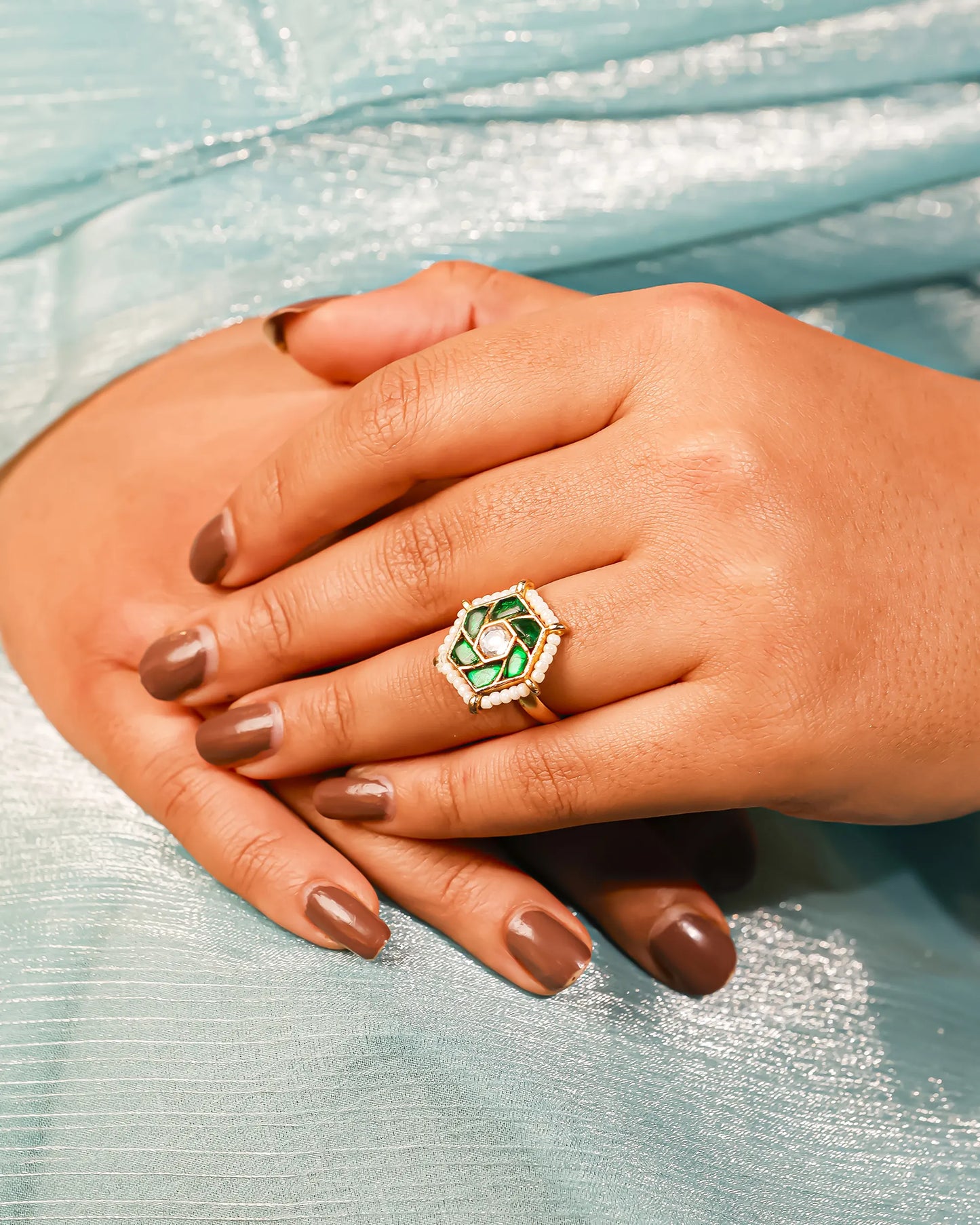 Handmade Green Kundan Pearl Statement Ring  Gold Plated Adjustable Jhumki Style Ethnic Jewelry Ring