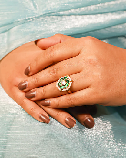 Handmade Green Kundan Pearl Statement Ring  Gold Plated Adjustable Jhumki Style Ethnic Jewelry Ring