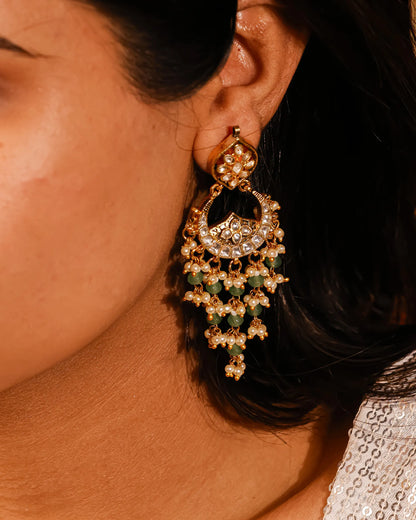 Kundan Chandbali Earrings with Pearl and Green Beads