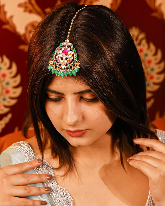 Polki Kundan Pearl Maang Tikka for Bridal, Traditional Indian Wedding Headpiece Jewelry Gift for Her