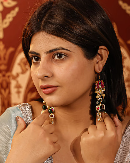 Lotus Kundan Dangle Earrings with Pearl and Green Beads
