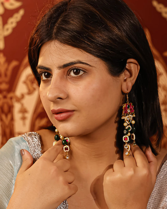 Lotus Kundan Dangle Earrings with Pearl and Green Beads