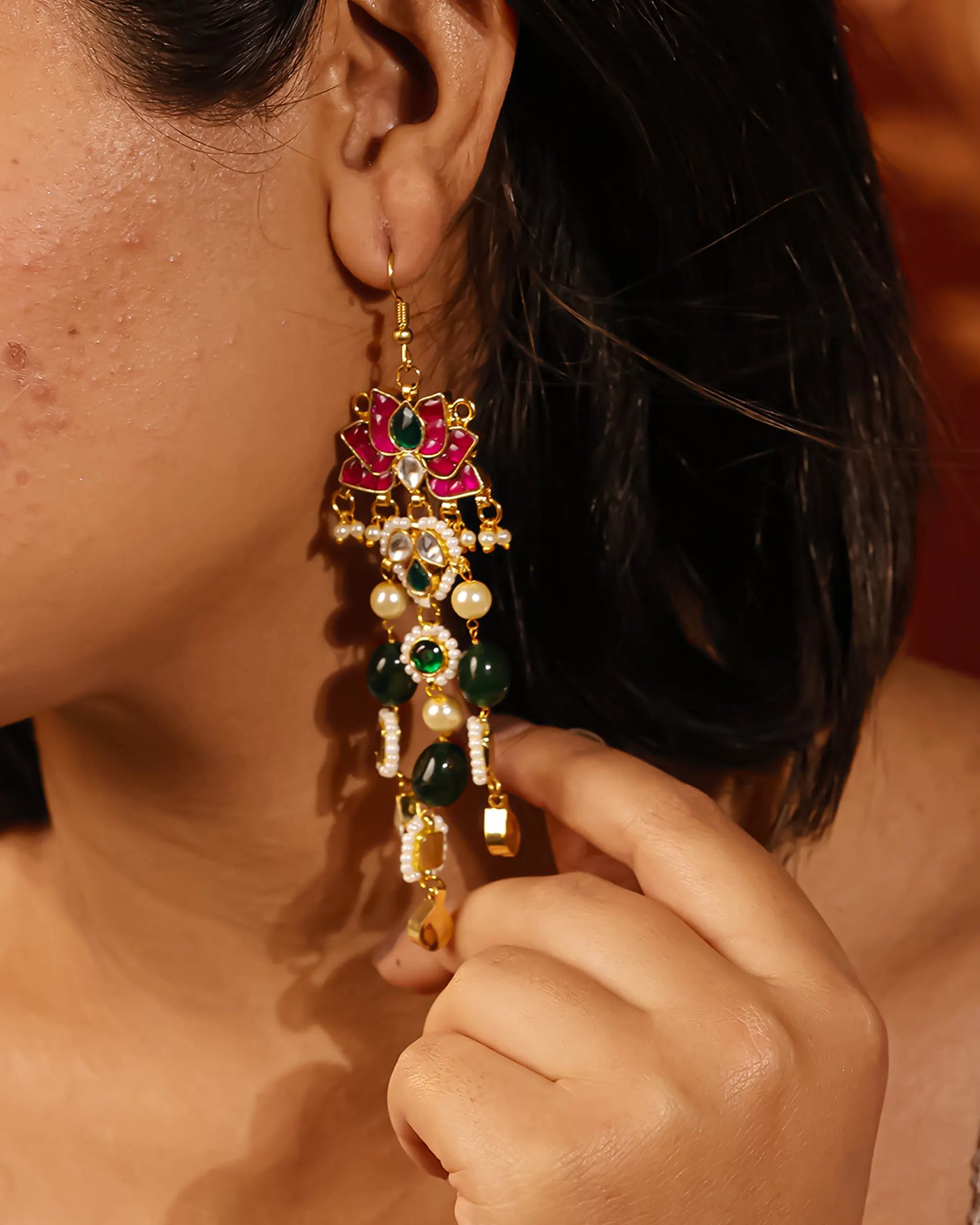 Lotus Kundan Dangle Earrings with Pearl and Green Beads