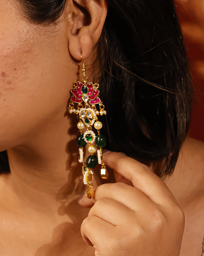 Lotus Kundan Dangle Earrings with Pearl and Green Beads