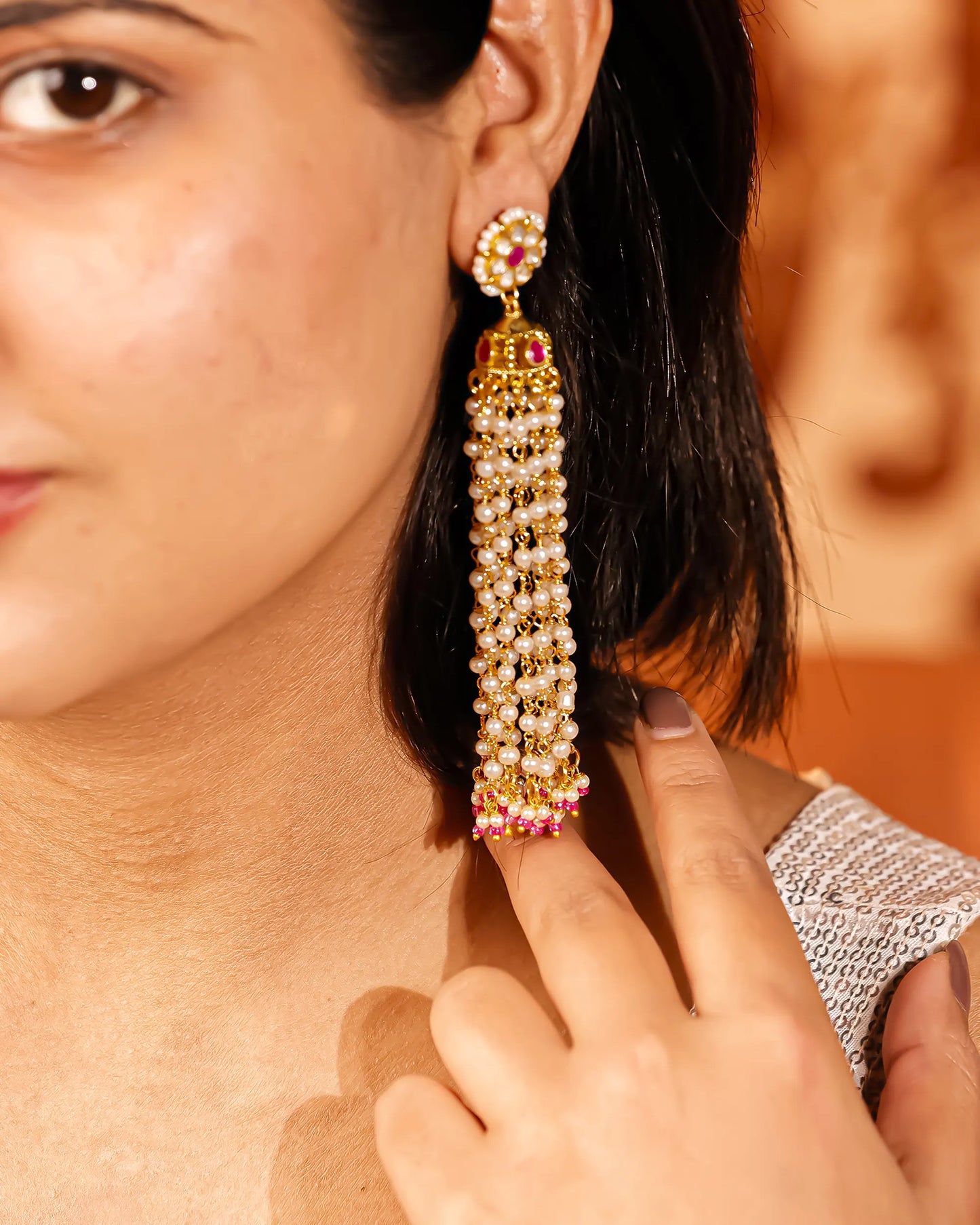 Kundan Pearl Tassel Earrings with Pink Beads