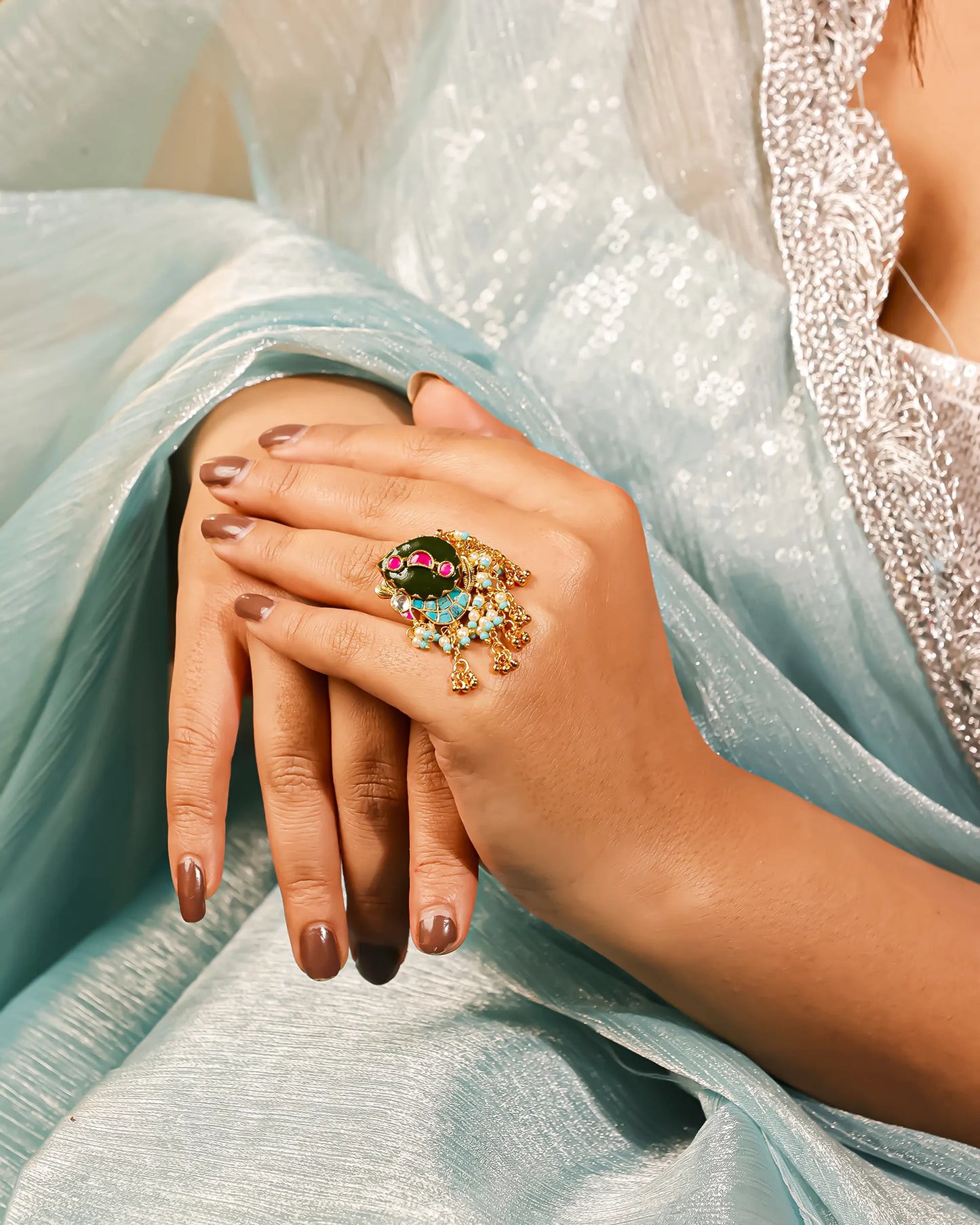 Green Meenakari Kundan Peacock Ring with Pearl Border, Antique Gold Adjustable Statement Ring Jewelry