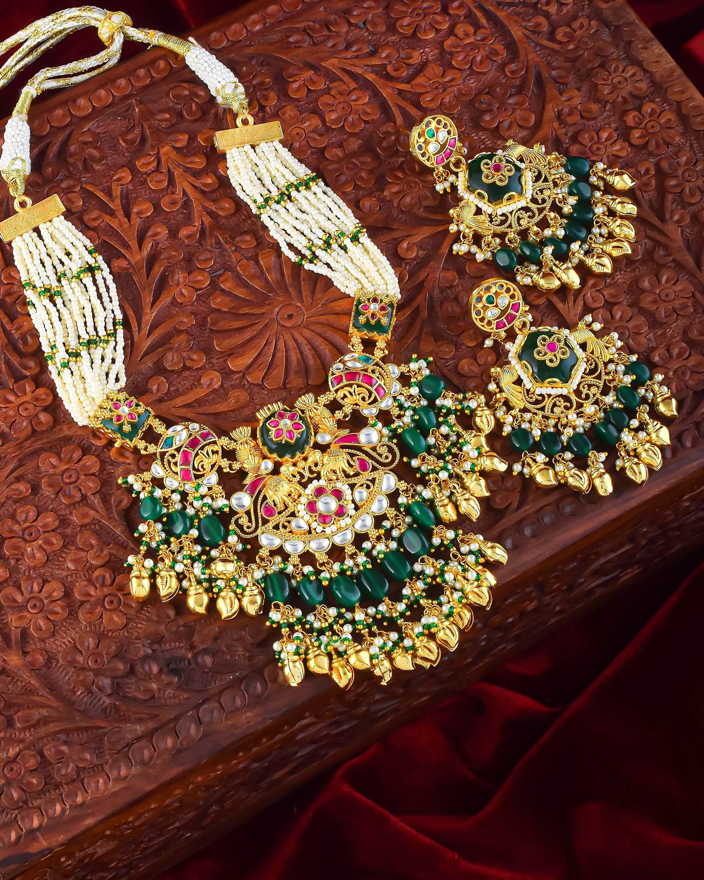 Kundan Choker Set Earrings Necklace, Green Bead & Pearl Indian Jewelry