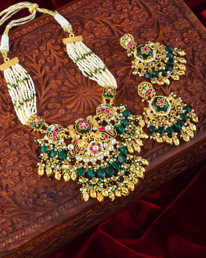 Kundan Choker Set Earrings Necklace, Green Bead & Pearl Indian Jewelry