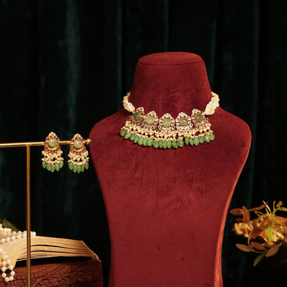 Green Kundan Choker Set Indian Bridal Jewelry Pearl Drop Earrings