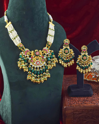 Kundan Choker Set Earrings Necklace, Green Bead & Pearl Indian Jewelry