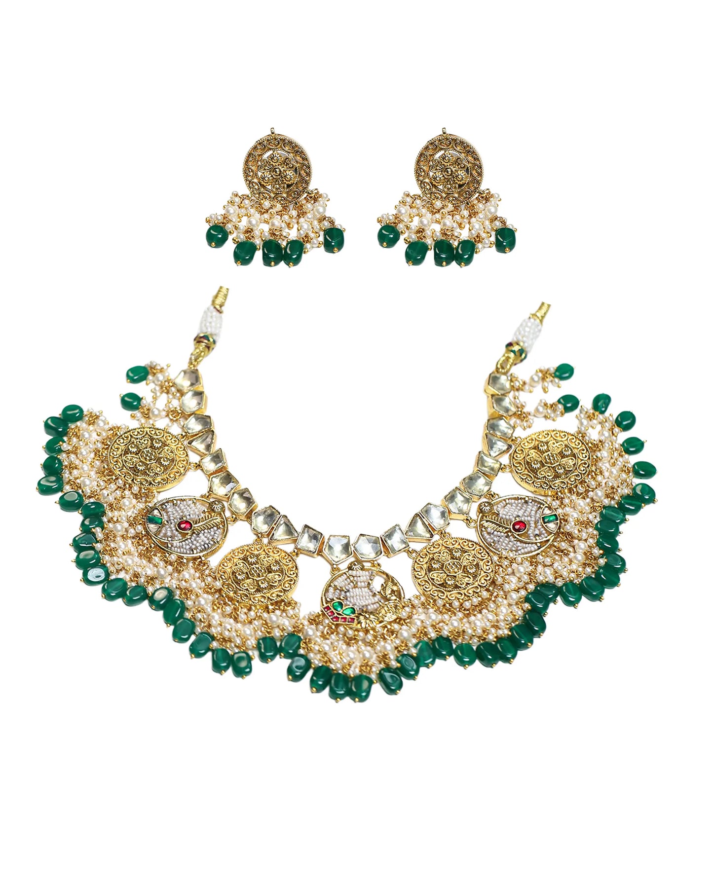Green Kundan Bridal Necklace Set – Gold Statement Wedding Choker with Pearl Detailing & Matching Earrings