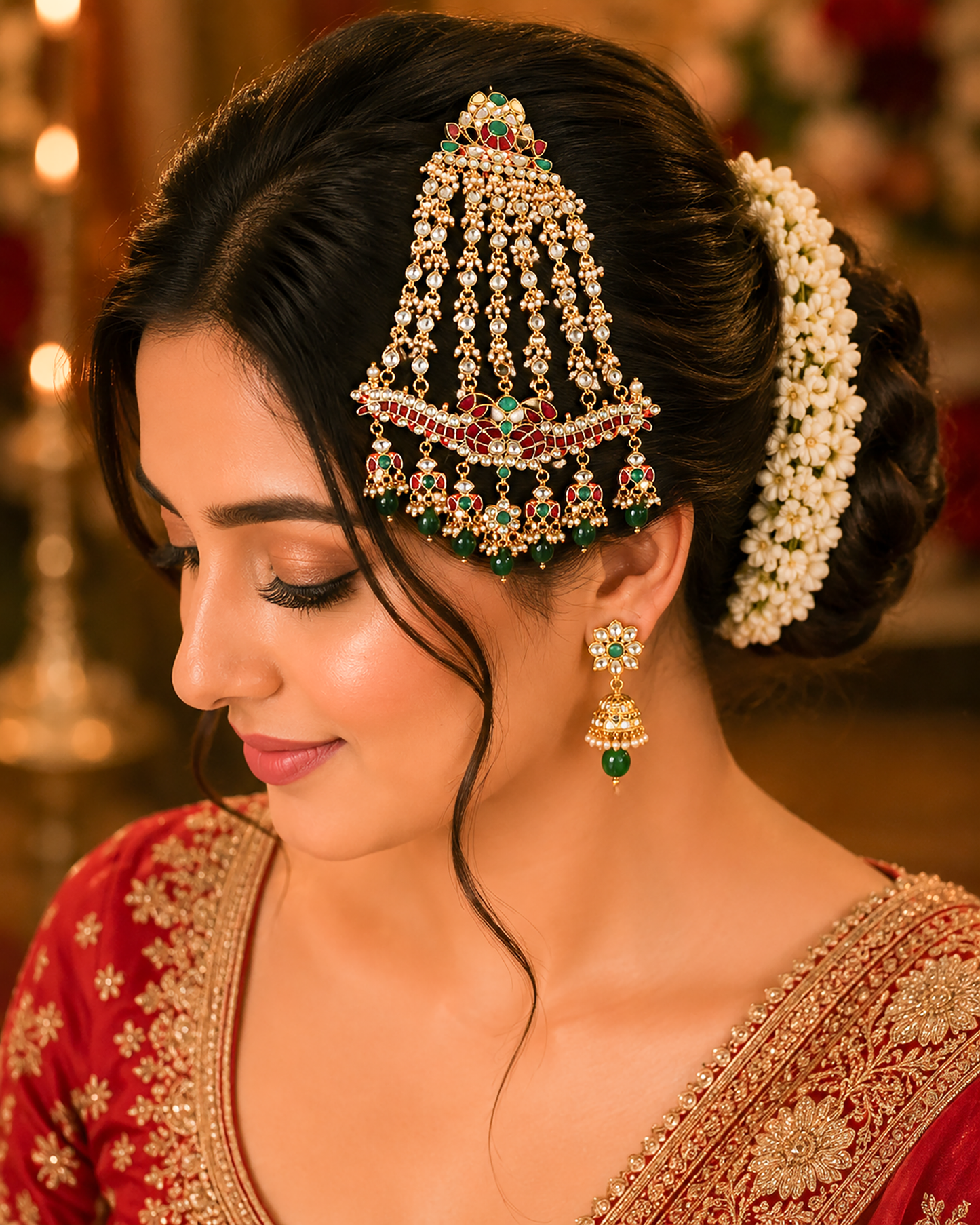 Layered Kundan Passa Headpiece, Gold-Plated Bridal Jhoomar, Mughal Ethnic Jewelry