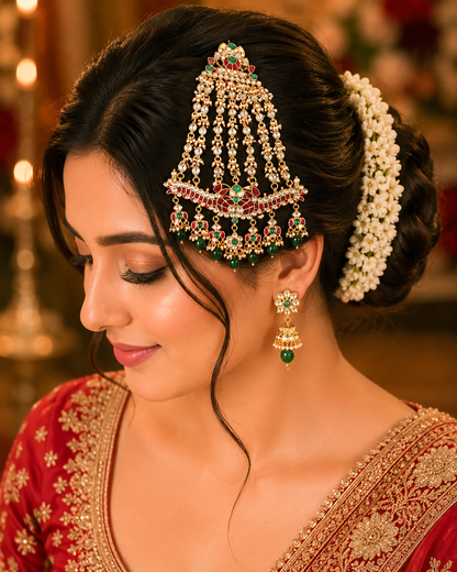 Layered Kundan Passa Headpiece, Gold-Plated Bridal Jhoomar, Mughal Ethnic Jewelry